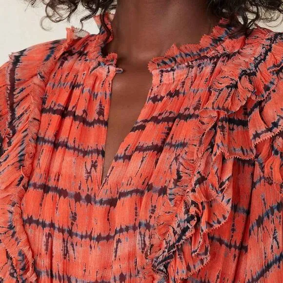 ULLA JOHNSON Aberdeen Silk Ruffle Mini Dress in Orange Chili Tie Dye Size 2