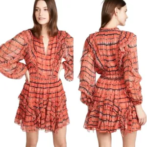 ULLA JOHNSON Aberdeen Silk Ruffle Mini Dress in Orange Chili Tie Dye Size 2