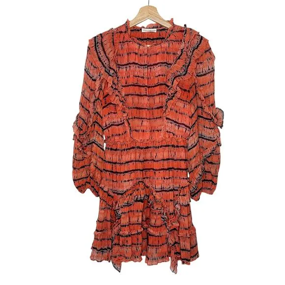 ULLA JOHNSON Aberdeen Silk Ruffle Mini Dress in Orange Chili Tie Dye Size 2