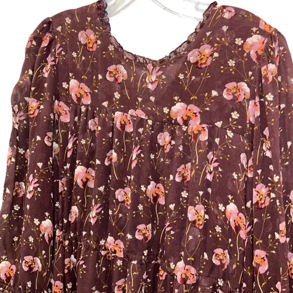 ulla johnson FALL wine SILK floral print drop waist prairie dress 10