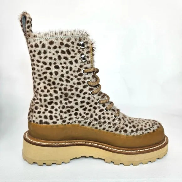 Ulla Johnson x Diemme Etna Leather Combat Boots Calf Hair Animal Print Shoe 37.5