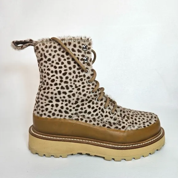 Ulla Johnson x Diemme Etna Leather Combat Boots Calf Hair Animal Print Shoe 37.5