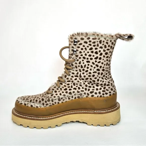 Ulla Johnson x Diemme Etna Leather Combat Boots Calf Hair Animal Print Shoe 37.5