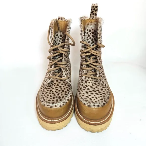 Ulla Johnson x Diemme Etna Leather Combat Boots Calf Hair Animal Print Shoe 37.5