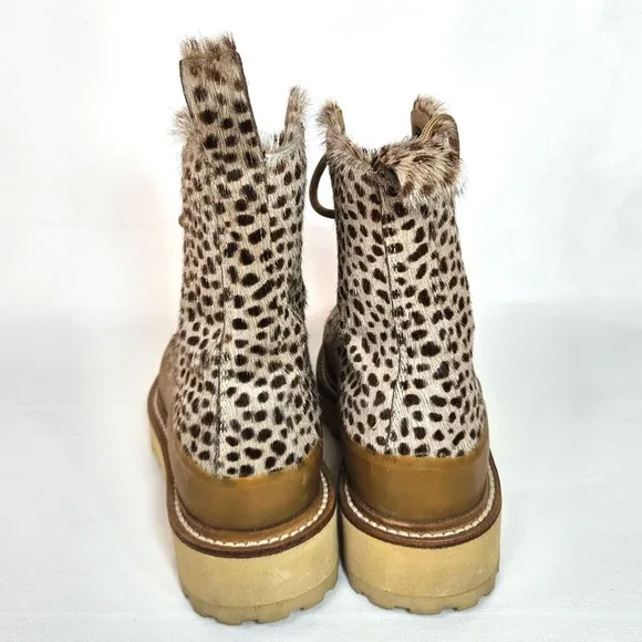 Ulla Johnson x Diemme Etna Leather Combat Boots Calf Hair Animal Print Shoe 37.5
