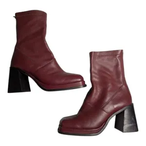 Urban Outfitters Charli Burgundy Red Leather Square Toe Block Heel Midi Boots 8