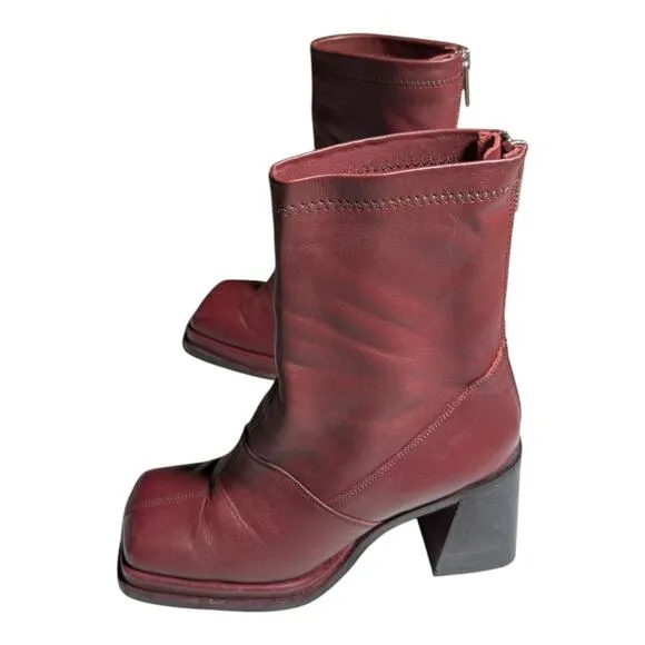 Urban Outfitters Charli Burgundy Red Leather Square Toe Block Heel Midi Boots 8