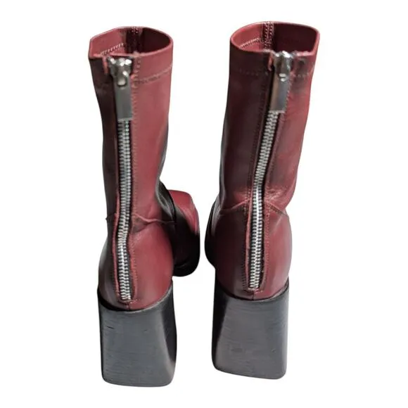 Urban Outfitters Charli Burgundy Red Leather Square Toe Block Heel Midi Boots 8