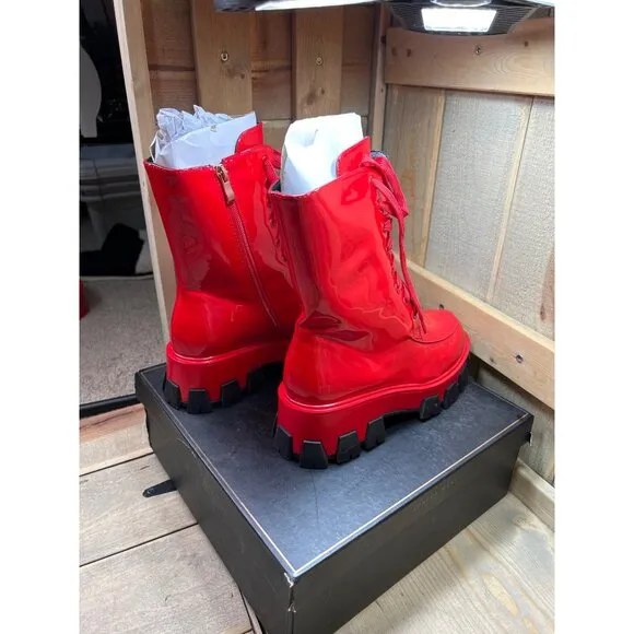 US6.5 AZALEA WANG THE ULTIMATE EXCISION Cherry Red Patent Leather Calf Boots