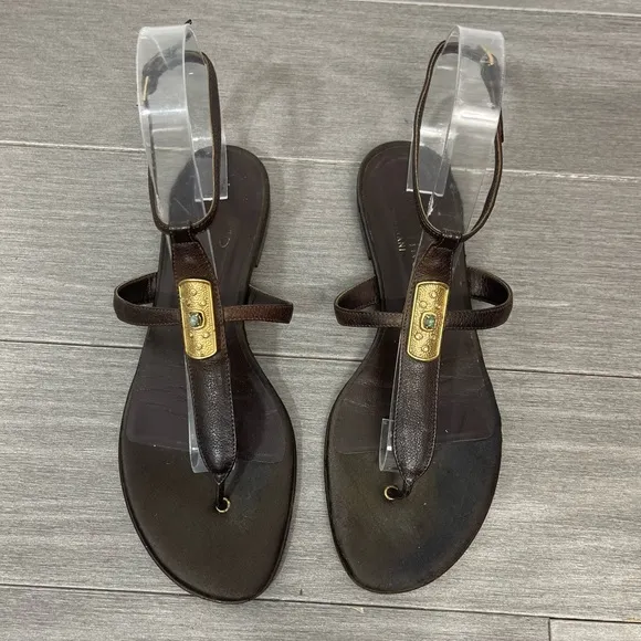 Valentino Garavani Brown Leather Strappy Sandals Flats Gold Crystal Hardware 38