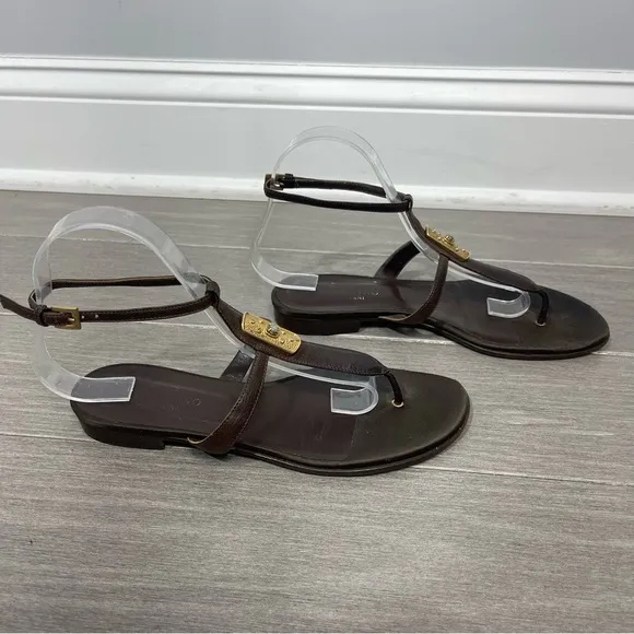 Valentino Garavani Brown Leather Strappy Sandals Flats Gold Crystal Hardware 38