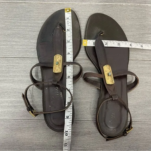 Valentino Garavani Brown Leather Strappy Sandals Flats Gold Crystal Hardware 38