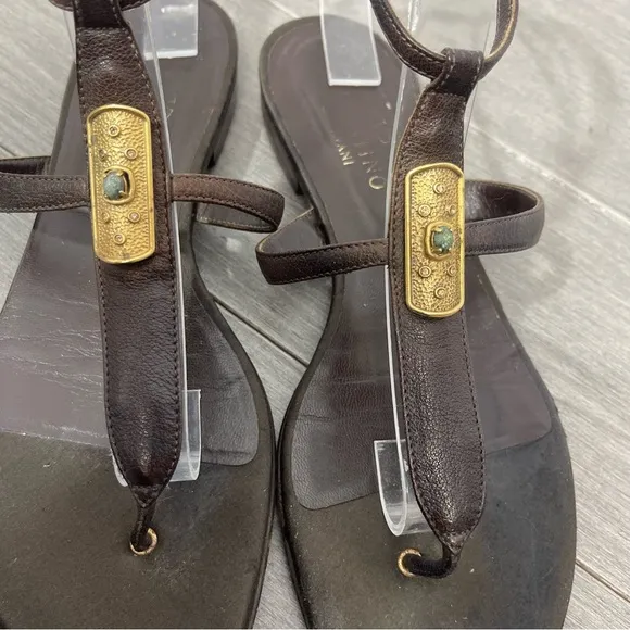 Valentino Garavani Brown Leather Strappy Sandals Flats Gold Crystal Hardware 38