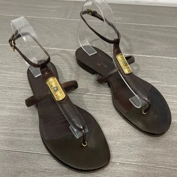 Valentino Garavani Brown Leather Strappy Sandals Flats Gold Crystal Hardware 38