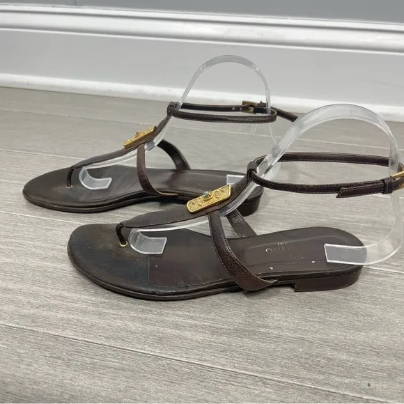 Valentino Garavani Brown Leather Strappy Sandals Flats Gold Crystal Hardware 38