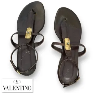 Valentino Garavani Brown Leather Strappy Sandals Flats Gold Crystal Hardware 38