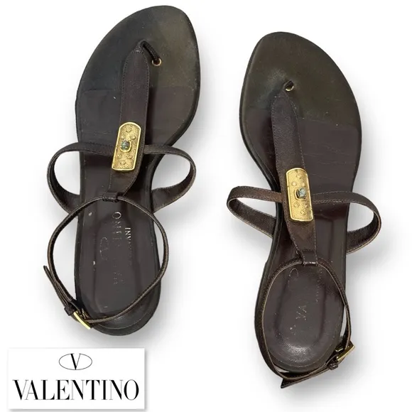 Valentino Garavani Brown Leather Strappy Sandals Flats Gold Crystal Hardware 38