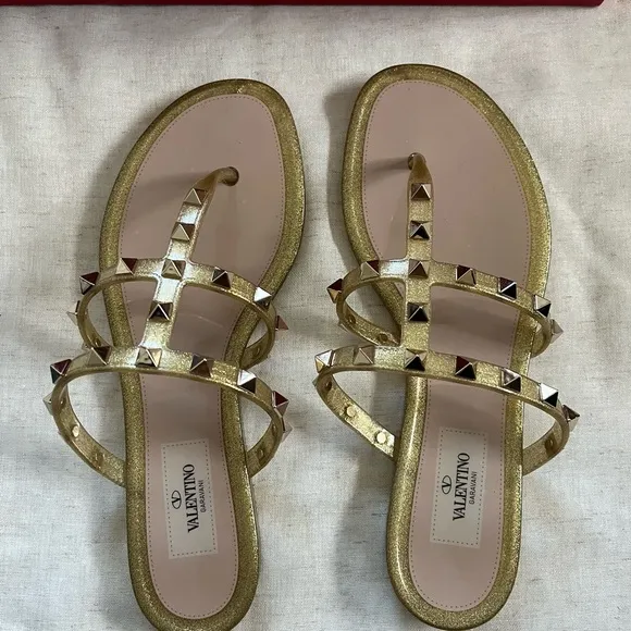 Valentino Garavani Gold Rockstud Caged Flat Mule Sandals Excellent Condition