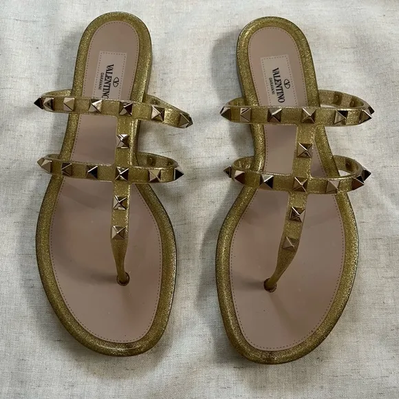 Valentino Garavani Gold Rockstud Caged Flat Mule Sandals Excellent Condition