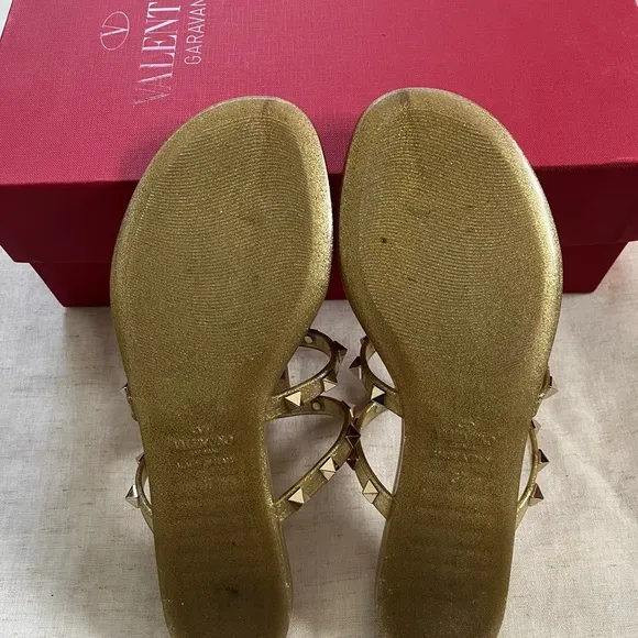 Valentino Garavani Gold Rockstud Caged Flat Mule Sandals Excellent Condition