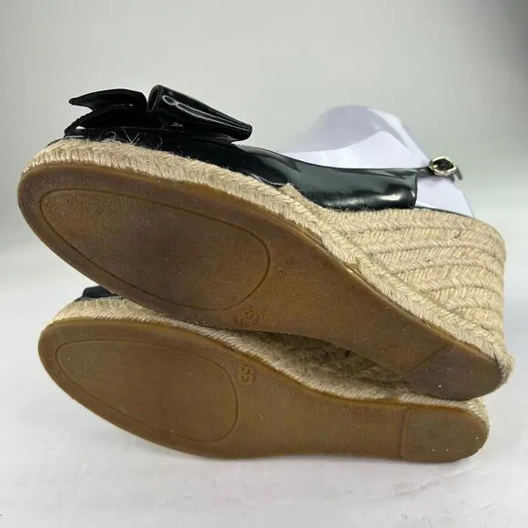 Valentino Garavani Mena Bow Espadrilles US 8.5 Black Patent Slingback Peep-Toe
