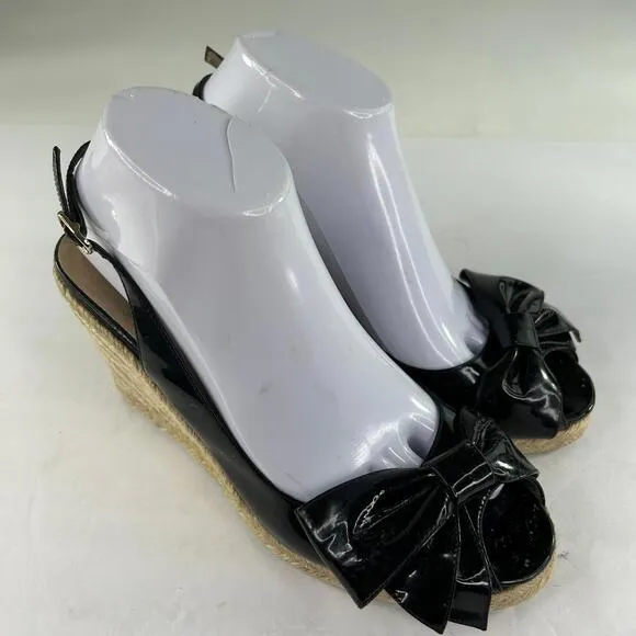 Valentino Garavani Mena Bow Espadrilles US 8.5 Black Patent Slingback Peep-Toe