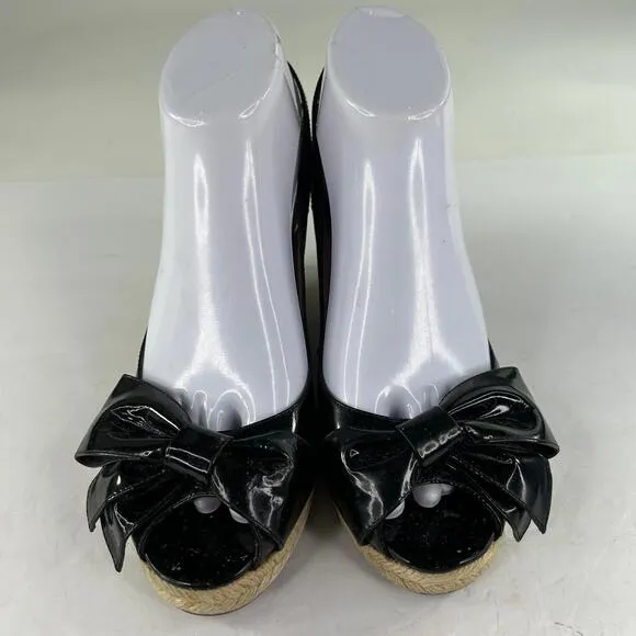 Valentino Garavani Mena Bow Espadrilles US 8.5 Black Patent Slingback Peep-Toe
