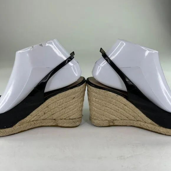 Valentino Garavani Mena Bow Espadrilles US 8.5 Black Patent Slingback Peep-Toe