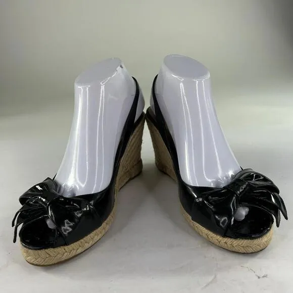 Valentino Garavani Mena Bow Espadrilles US 8.5 Black Patent Slingback Peep-Toe