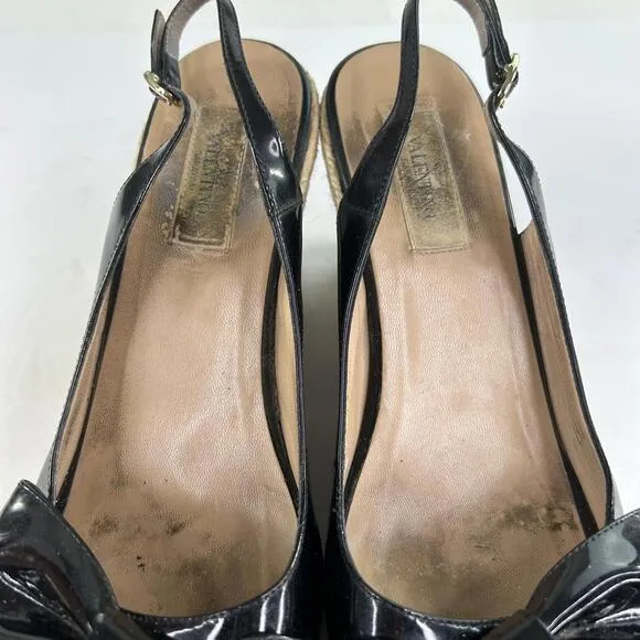 Valentino Garavani Mena Bow Espadrilles US 8.5 Black Patent Slingback Peep-Toe