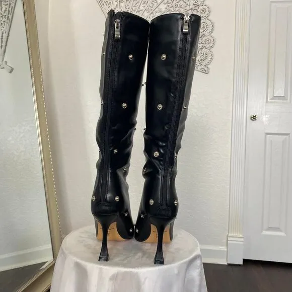 Vampy Bratty Black Silver Studded Stiletto Mid Calf Knee High Boots US 9