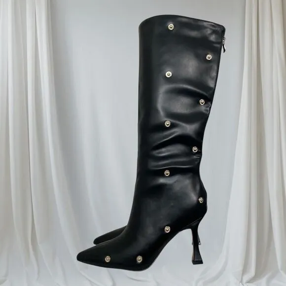 Vampy Bratty Black Silver Studded Stiletto Mid Calf Knee High Boots US 9