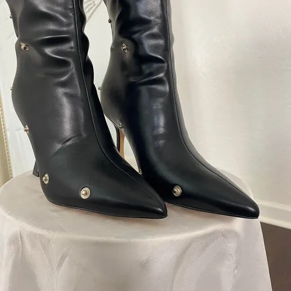 Vampy Bratty Black Silver Studded Stiletto Mid Calf Knee High Boots US 9