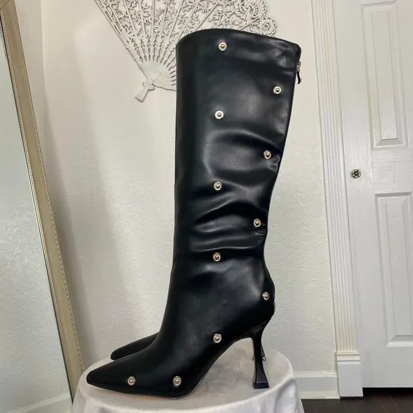 Vampy Bratty Black Silver Studded Stiletto Mid Calf Knee High Boots US 9