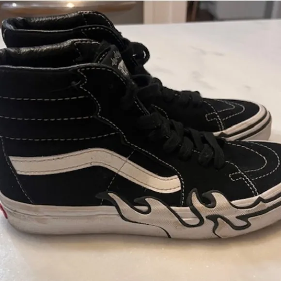 Vans Sk8-Hi Flame High Top Sneakers Black White Shoes size Kids Men 5 Womens 6.5