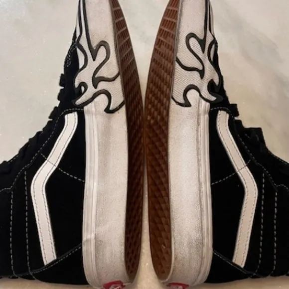 Vans Sk8-Hi Flame High Top Sneakers Black White Shoes size Kids Men 5 Womens 6.5