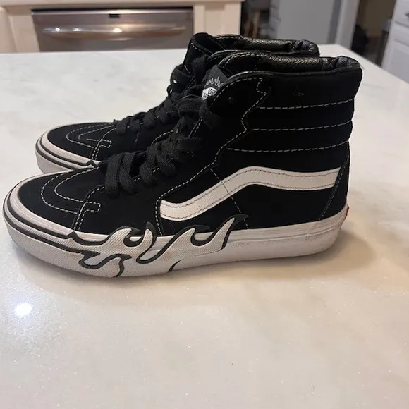 Vans Sk8-Hi Flame High Top Sneakers Black White Shoes size Kids Men 5 Womens 6.5