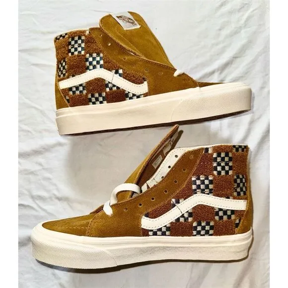 Vans Sk8-Hi Tapered Unisex Sneakers Brown Tufted Check M5 W7 surf skate‎