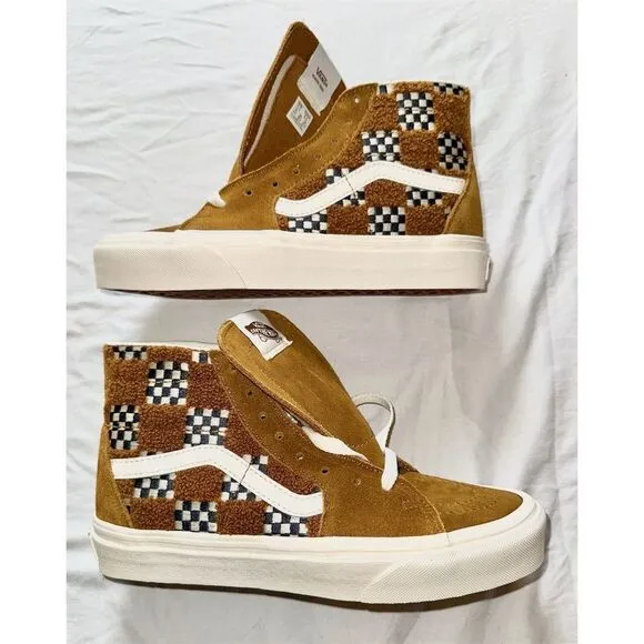 Vans Sk8-Hi Tapered Unisex Sneakers Brown Tufted Check M5 W7 surf skate‎