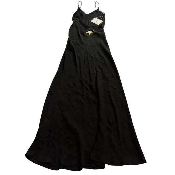 Venroy Lace Trim Silk Open Back Dress in Black