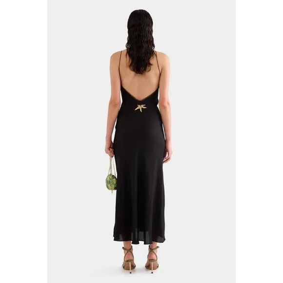 Venroy Lace Trim Silk Open Back Dress in Black