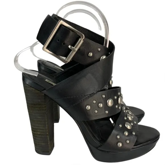 Vera Wang Lavender Black Leather Studded Stacked Heel Sandals 37.5