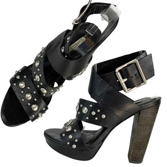 Vera Wang Lavender Black Leather Studded Stacked Heel Sandals 37.5
