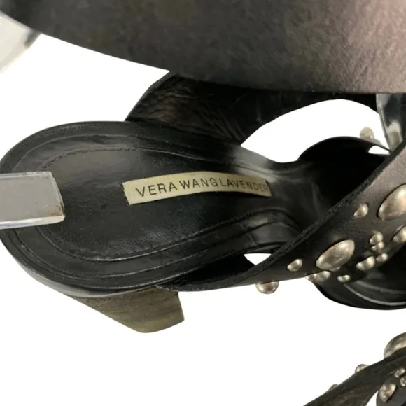 Vera Wang Lavender Black Leather Studded Stacked Heel Sandals 37.5