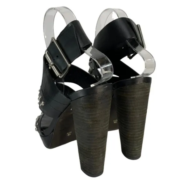 Vera Wang Lavender Black Leather Studded Stacked Heel Sandals 37.5