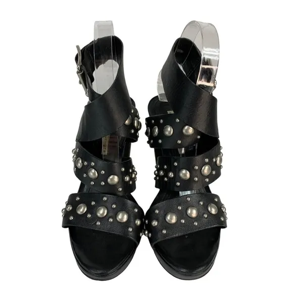 Vera Wang Lavender Black Leather Studded Stacked Heel Sandals 37.5