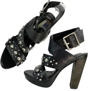 Vera Wang Lavender Black Leather Studded Stacked Heel Sandals 37.5
