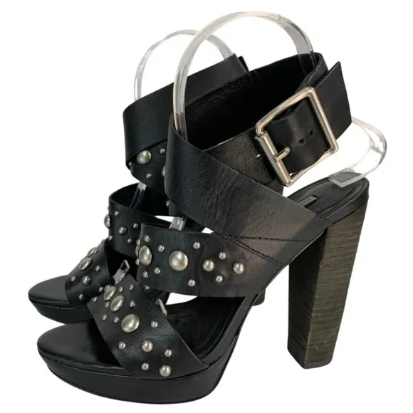 Vera Wang Lavender Black Leather Studded Stacked Heel Sandals 37.5