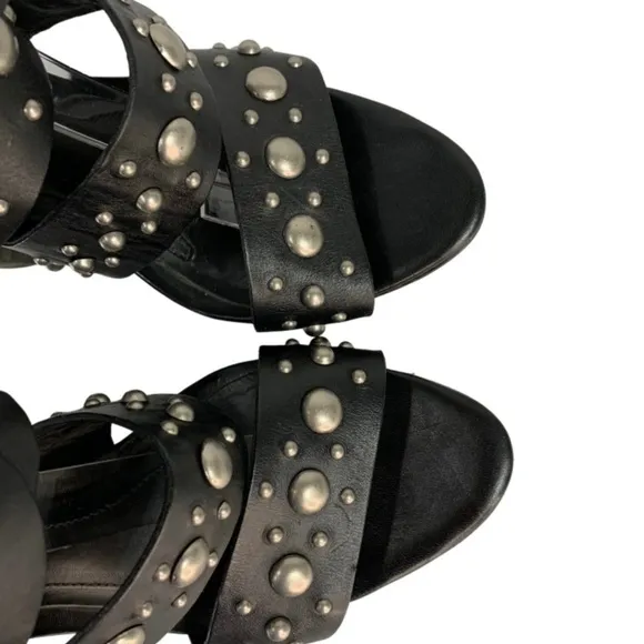 Vera Wang Lavender Black Leather Studded Stacked Heel Sandals 37.5