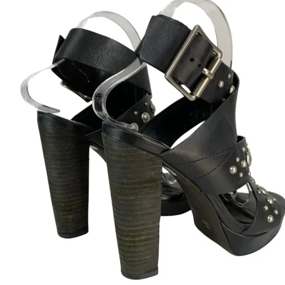 Vera Wang Lavender Black Leather Studded Stacked Heel Sandals 37.5